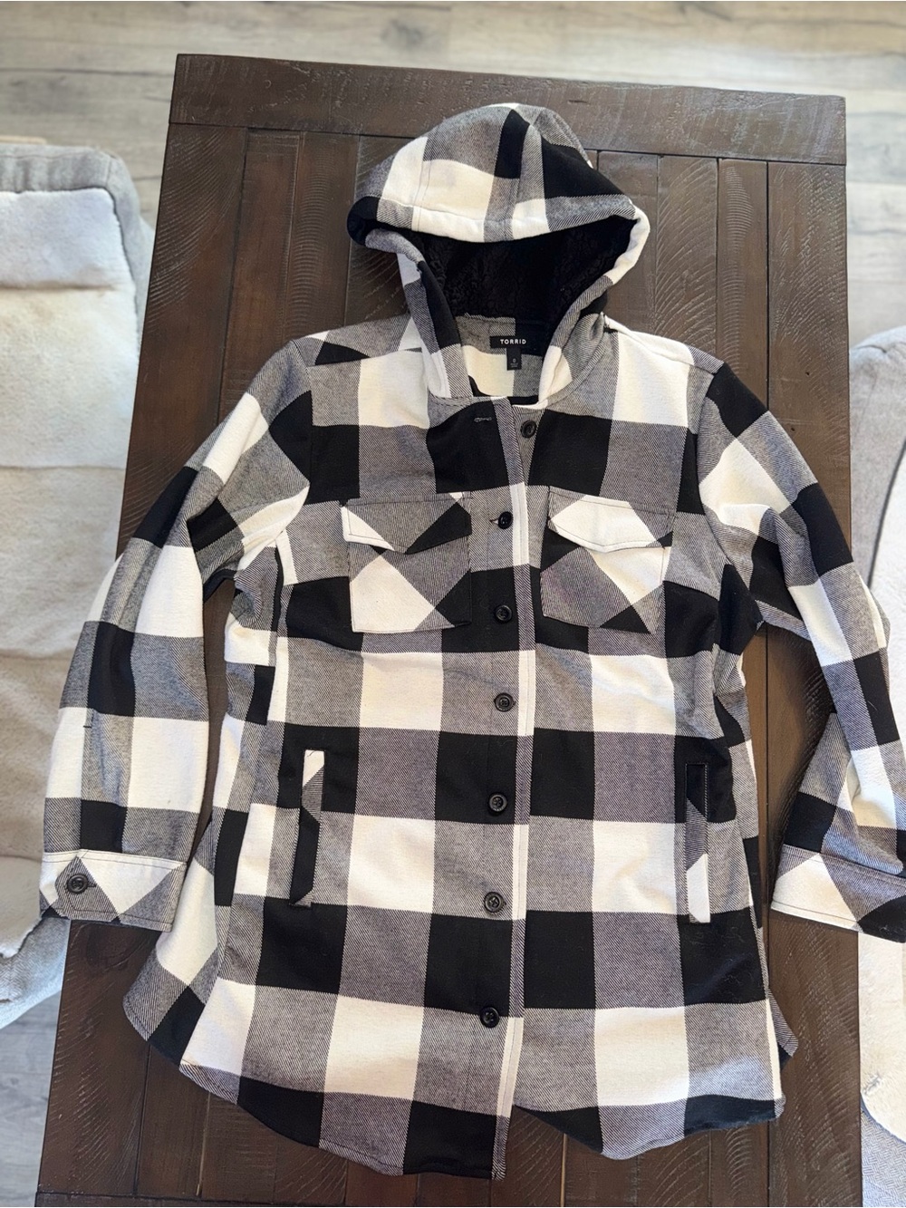 torrid Black and White Buffalo Plaid Hooded Jacket